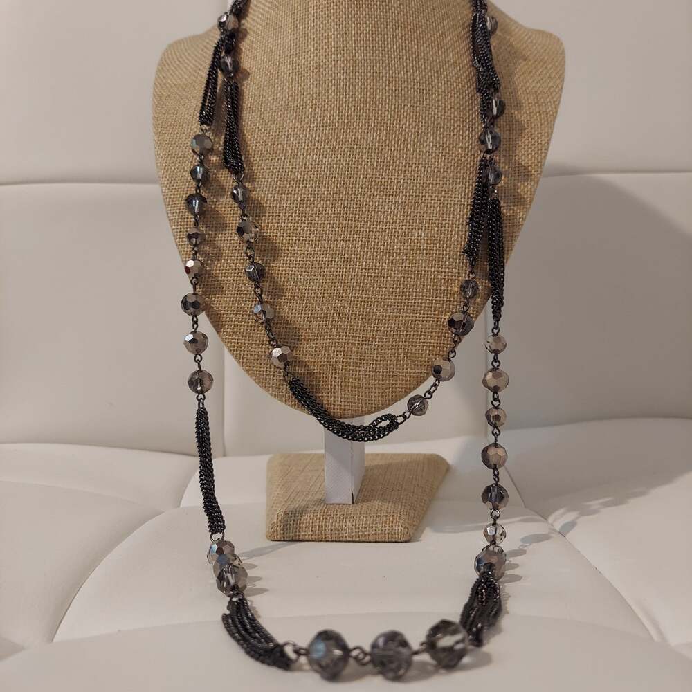 Express Dark Silver Tone Faceted Glass Beads ans Chain 34" Necklace